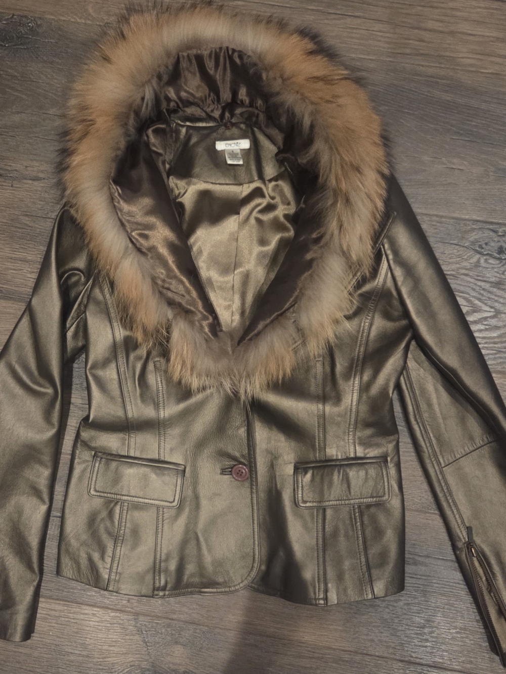 Vintage Caché Metallic Bronze Leather Jacket Detachable Raccoon Fur Collar-SZ 8